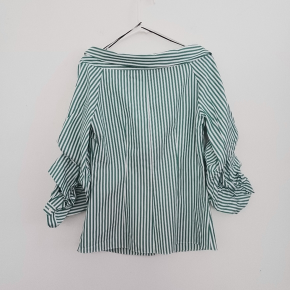 NWT Zara Green Striped Wide Open Neck Over the Shoulder Blouse Shirt puff Sleeve - Picture 11 of 16